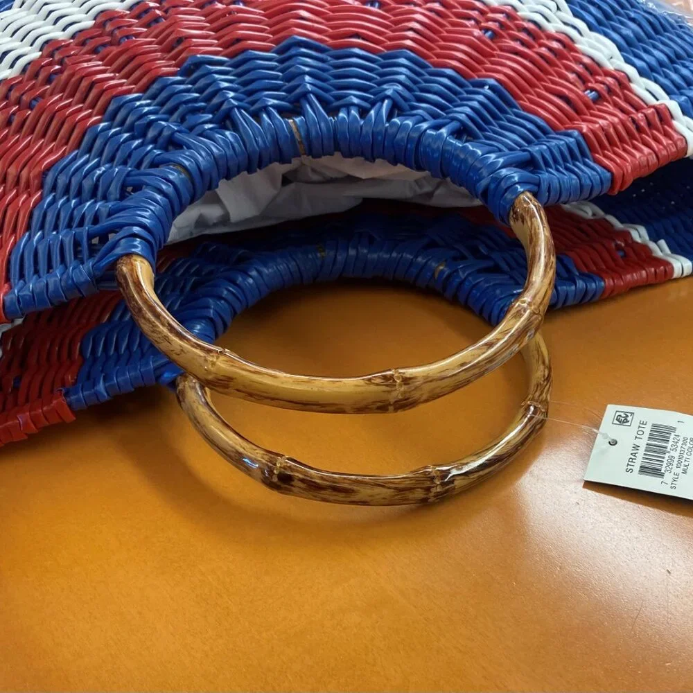NWT INC Fan Tote Red White Blue Bamboo Handles NEW